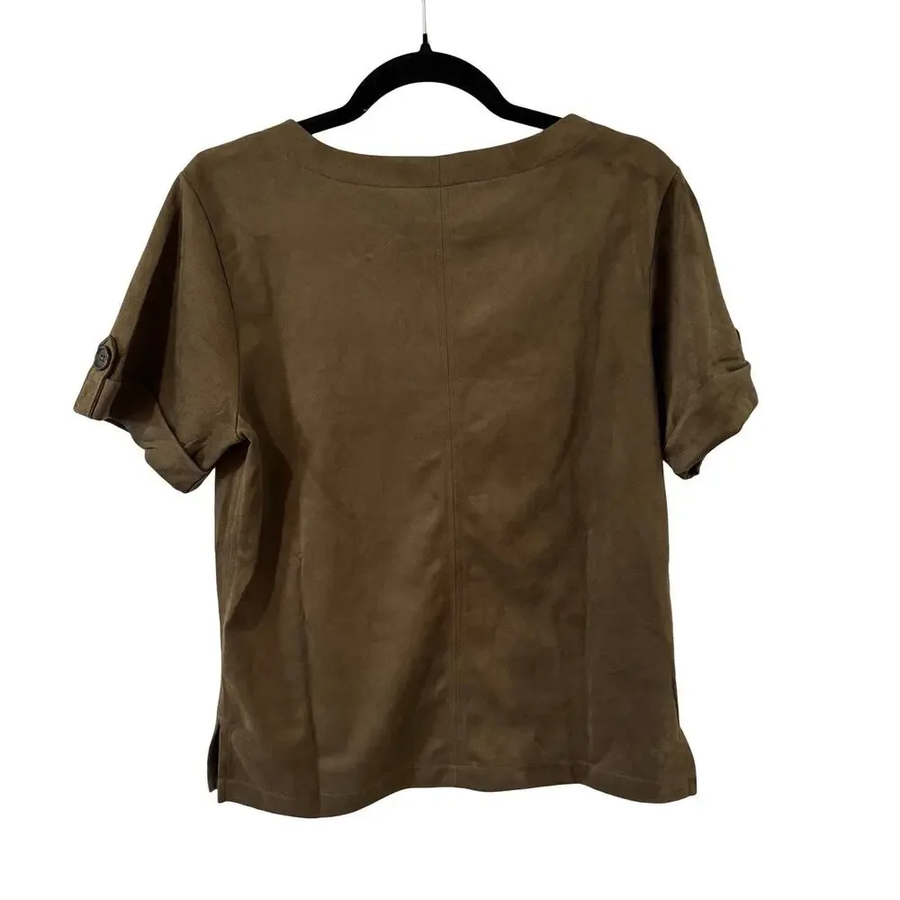 Banana Republic Top Bundle M Olive Faux Suede Tee NWT & Tan Blouse - Picture 4 of 9